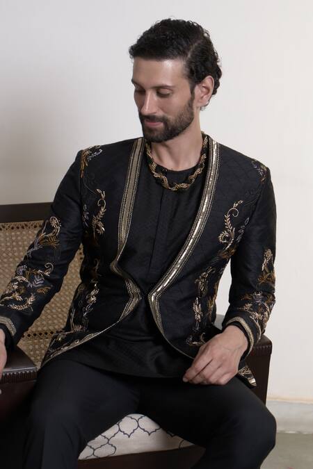 Buy_Gargee Designers_Black Silk Embroidery Tara Amogh Bandhgala Trouser Set _Online_at_Aza_Fashions