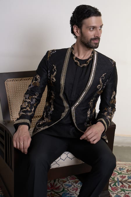 Shop_Gargee Designers_Black Silk Embroidery Tara Amogh Bandhgala Trouser Set _Online_at_Aza_Fashions