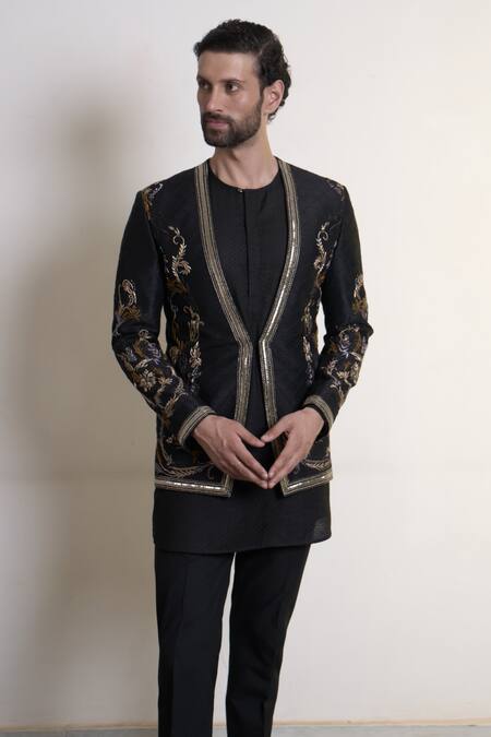 Gargee Designers_Black Silk Embroidery Tara Amogh Bandhgala Trouser Set _at_Aza_Fashions