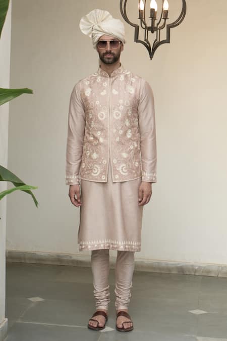 Gargee Designers_Pink Polyester, Silk, Cotton Embroidery Kashmiri Floral Bundi Set _Online_at_Aza_Fashions