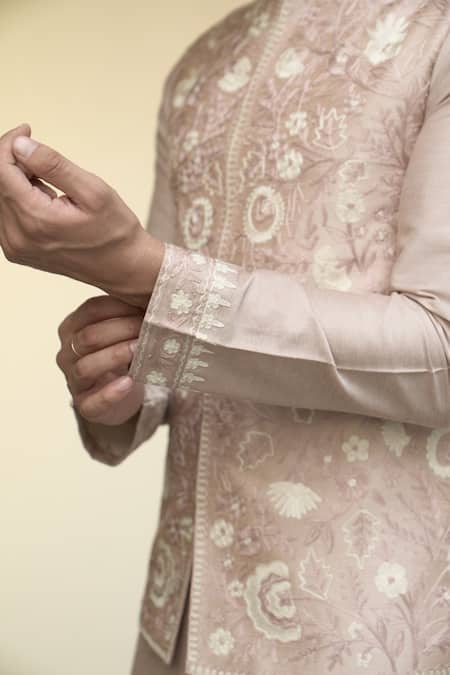 Shop_Gargee Designers_Pink Polyester, Silk, Cotton Embroidery Kashmiri Floral Bundi Set 