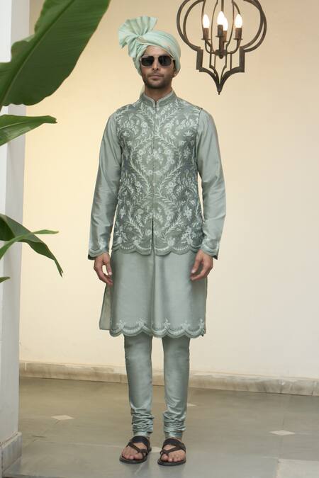 Gargee Designers_Green Polyester, Silk, Cotton Embroidery Pistachio Kashmiri Bundi Set _Online_at_Aza_Fashions