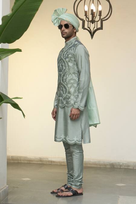 Gargee Designers_Green Polyester, Silk, Cotton Embroidery Pistachio Kashmiri Bundi Set _at_Aza_Fashions