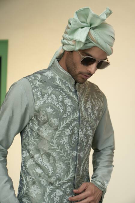 Buy_Gargee Designers_Green Polyester, Silk, Cotton Embroidery Pistachio Kashmiri Bundi Set 