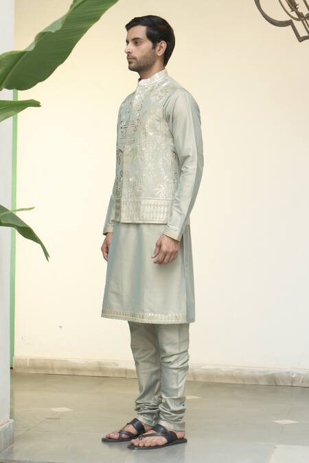 Buy_Gargee Designers_Green Cotton, Silk Embroidery Mint Floral Applique Bundi Kurta Set _Online_at_Aza_Fashions