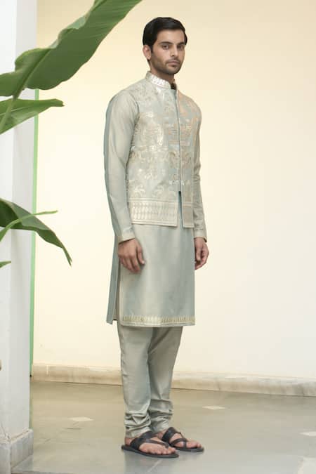 Shop_Gargee Designers_Green Cotton, Silk Embroidery Mint Floral Applique Bundi Kurta Set _Online_at_Aza_Fashions