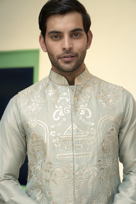 Gargee Designers_Green Cotton, Silk Embroidery Mint Floral Applique Bundi Kurta Set _at_Aza_Fashions