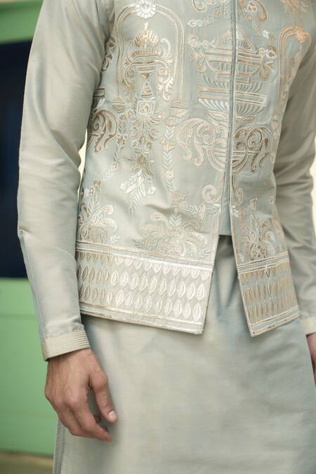 Buy_Gargee Designers_Green Cotton, Silk Embroidery Mint Floral Applique Bundi Kurta Set 