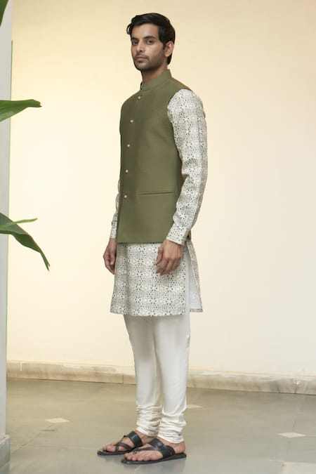 Buy_Gargee Designers_Green Cotton, Silk Geometric Floral Printed Kurta Set _Online_at_Aza_Fashions