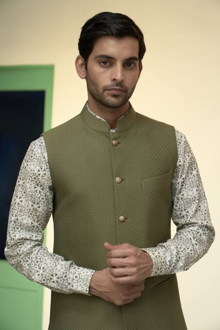 Shop_Gargee Designers_Green Cotton, Silk Geometric Floral Printed Kurta Set _Online_at_Aza_Fashions