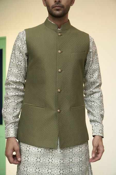 Gargee Designers_Green Cotton, Silk Geometric Floral Printed Kurta Set _at_Aza_Fashions