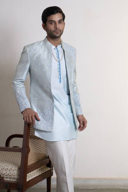 Buy_Gargee Designers_Blue Silk Embroidery Gul Nilofer Mehreen Bandhgala Pant Set _Online_at_Aza_Fashions