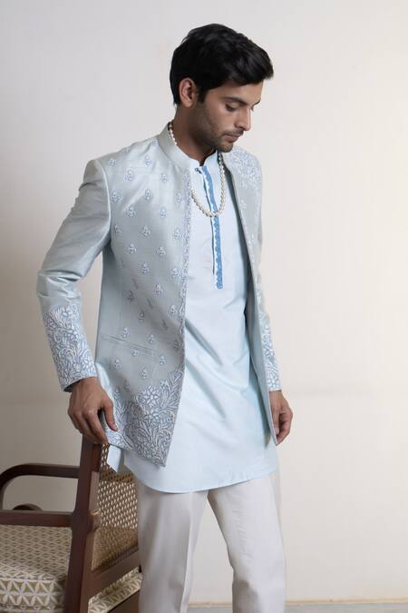 Shop_Gargee Designers_Blue Silk Embroidery Gul Nilofer Mehreen Bandhgala Pant Set _Online_at_Aza_Fashions