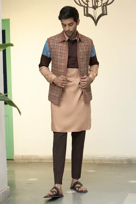 Gargee Designers Brown Chequered Bundi Kurta Set 