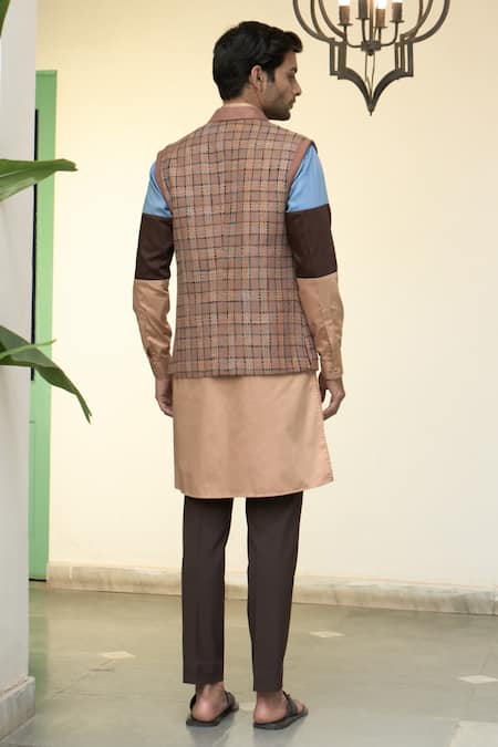 Gargee Designers Brown Chequered Bundi Kurta Set 