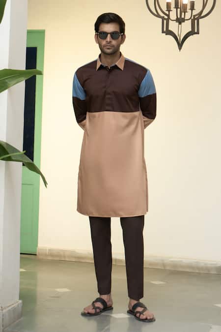 Gargee Designers_Brown Silk, , Satin Chequered Bundi Kurta Set _Online_at_Aza_Fashions