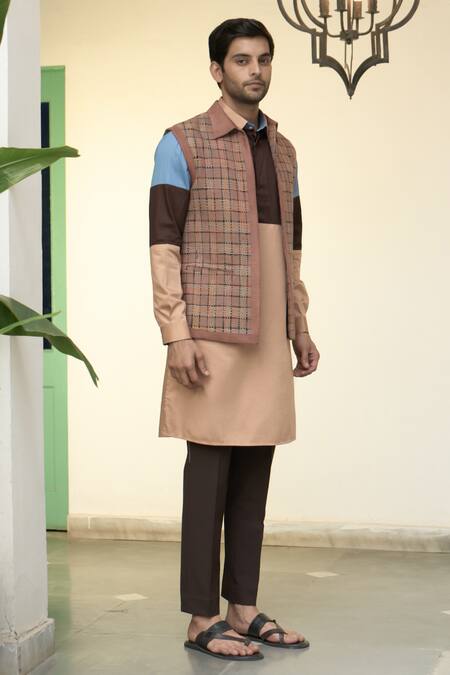 Gargee Designers_Brown Silk, , Satin Chequered Bundi Kurta Set _at_Aza_Fashions