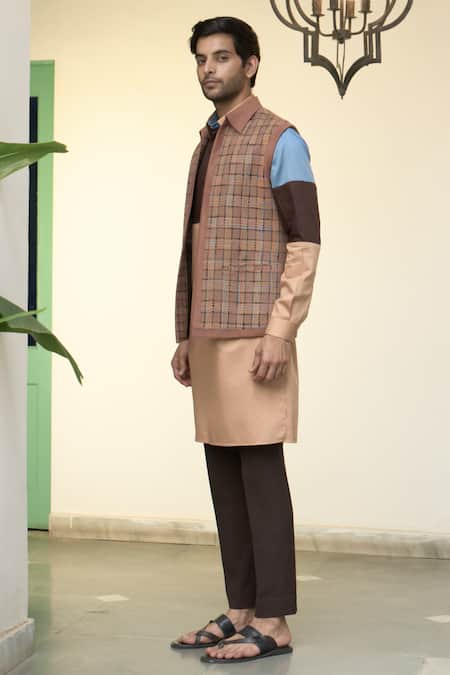 Buy_Gargee Designers_Brown Silk, , Satin Chequered Bundi Kurta Set 