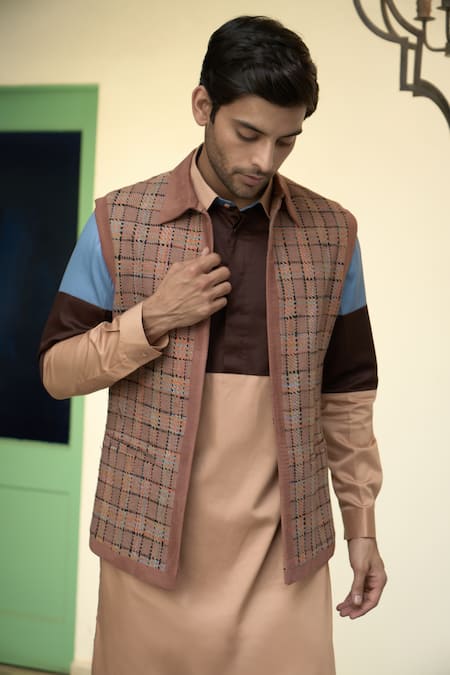 Shop_Gargee Designers_Brown Silk, , Satin Chequered Bundi Kurta Set 