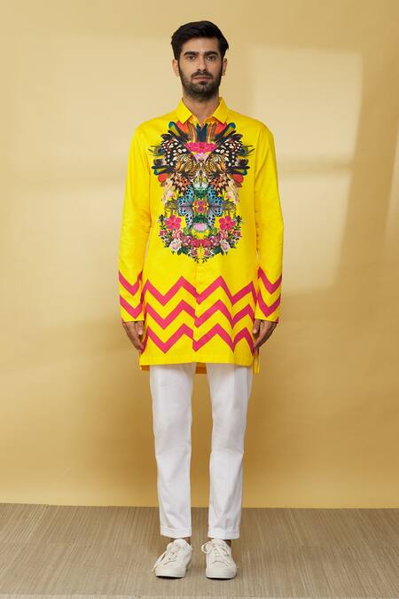 MR. Ajay Kumar_Yellow Cotton Full Sleeved Floral Print Shirt _Online_at_Aza_Fashions