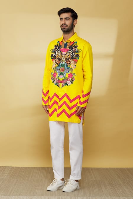 Buy_MR. Ajay Kumar_Yellow Cotton Full Sleeved Floral Print Shirt _Online_at_Aza_Fashions
