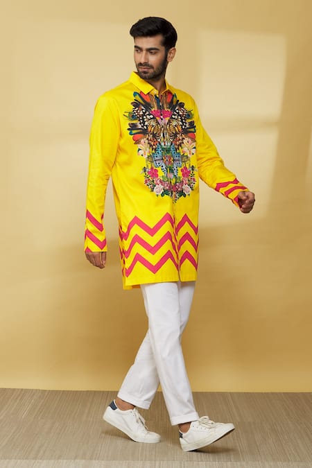 Shop_MR. Ajay Kumar_Yellow Cotton Full Sleeved Floral Print Shirt _Online_at_Aza_Fashions