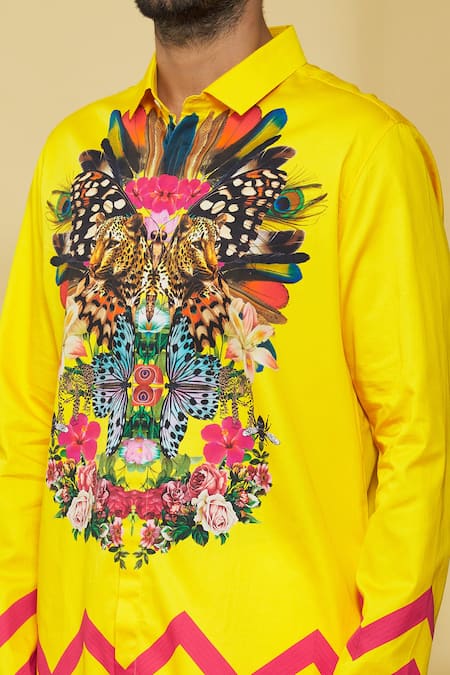 MR. Ajay Kumar_Yellow Cotton Full Sleeved Floral Print Shirt _at_Aza_Fashions