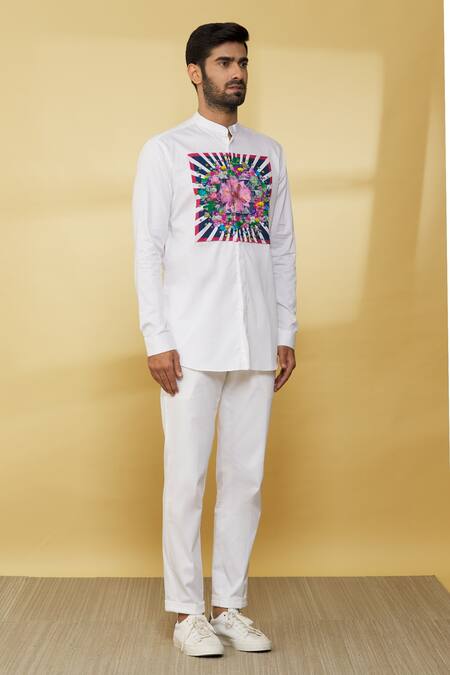 Buy_MR. Ajay Kumar_White Cotton Full Sleeved And Printed Shirt _Online_at_Aza_Fashions
