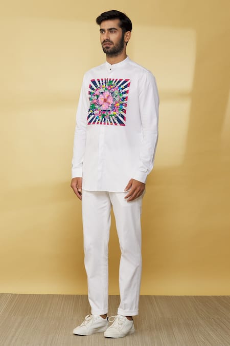 Shop_MR. Ajay Kumar_White Cotton Full Sleeved And Printed Shirt _Online_at_Aza_Fashions