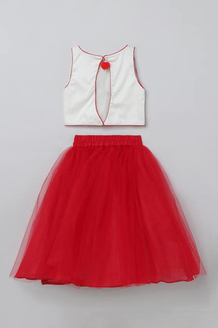 Shop Byb Premium Red Cotton, Tulle Beads Heart Motif Embroidered Top And Net Skirt Set at Aza Fashions Shop_Byb Premium_Red Cotton, Tulle Beads Heart Motif Embroidered Top And Net Skirt Set _at_Aza_Fashions