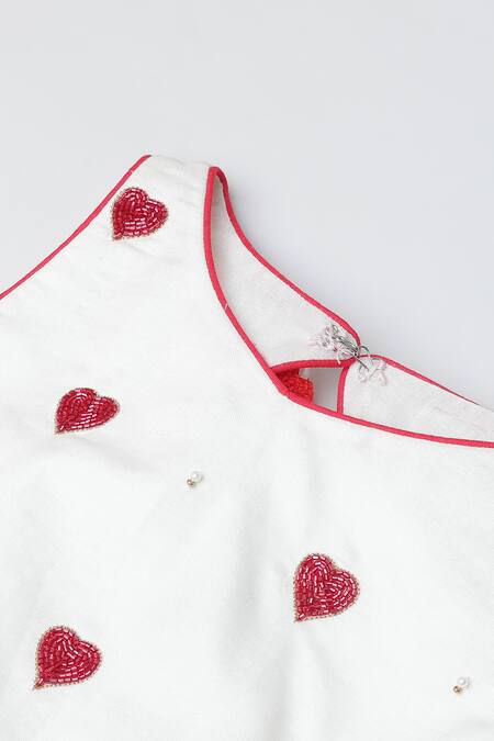 Byb Premium_Red Cotton, Tulle Beads Heart Motif Embroidered Top And Net Skirt Set _at_Aza_Fashions