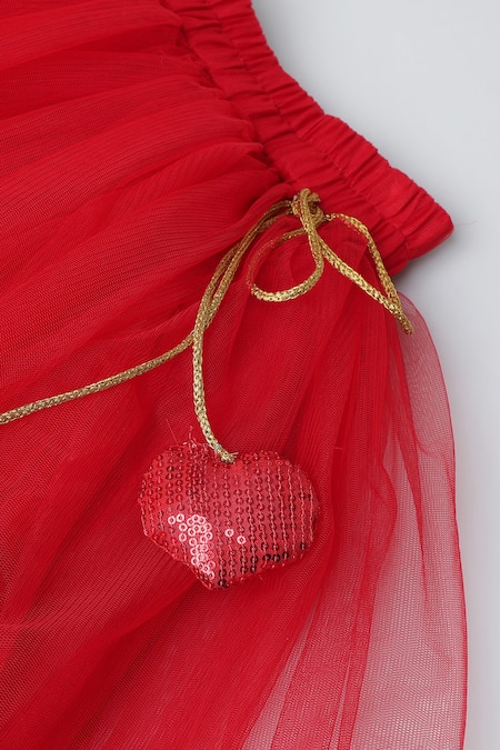 Shop Byb Premium Red Cotton, Tulle Beads Heart Motif Embroidered Top And Net Skirt Set Shop_Byb Premium_Red Cotton, Tulle Beads Heart Motif Embroidered Top And Net Skirt Set