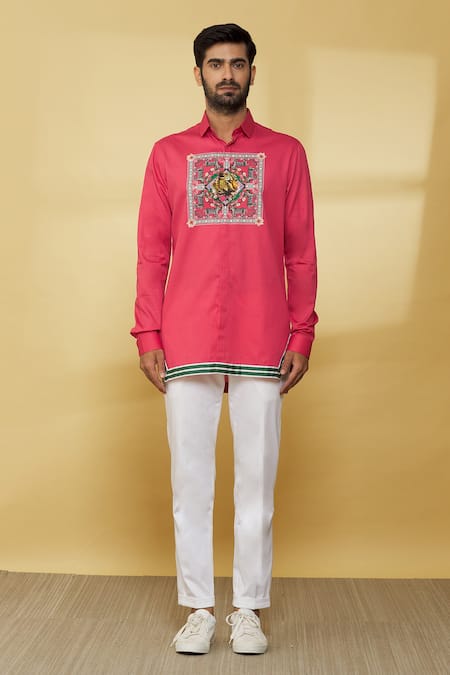 MR. Ajay Kumar_Pink Cotton Embroidery Floral And Animal Print Shirt _Online_at_Aza_Fashions