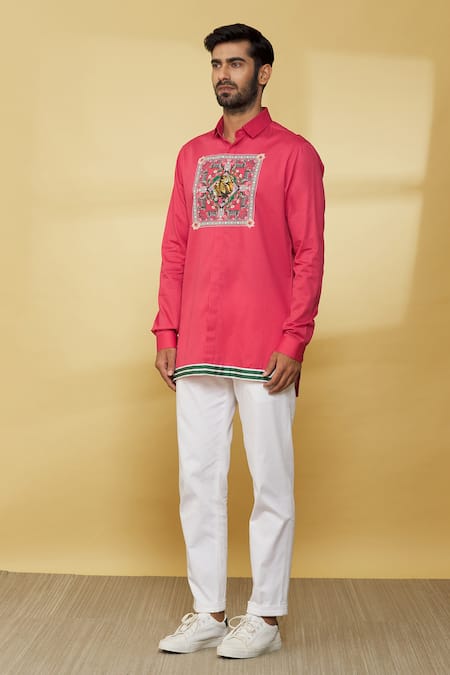 Buy_MR. Ajay Kumar_Pink Cotton Embroidery Floral And Animal Print Shirt _Online_at_Aza_Fashions