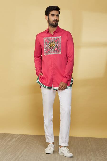 Shop_MR. Ajay Kumar_Pink Cotton Embroidery Floral And Animal Print Shirt _Online_at_Aza_Fashions