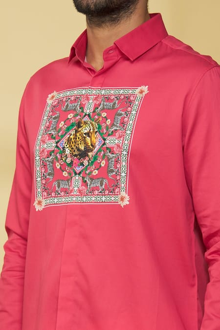 MR. Ajay Kumar_Pink Cotton Embroidery Floral And Animal Print Shirt _at_Aza_Fashions