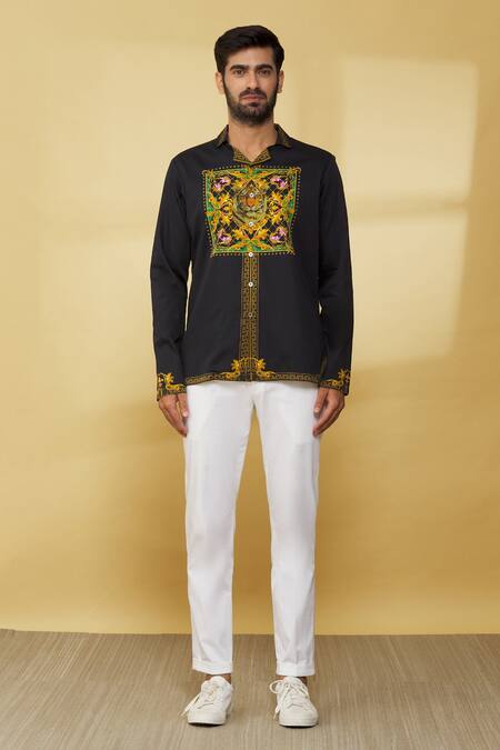 MR. Ajay Kumar_Black Cotton Embroidery Floral And Animal Patterned Shirt _Online_at_Aza_Fashions