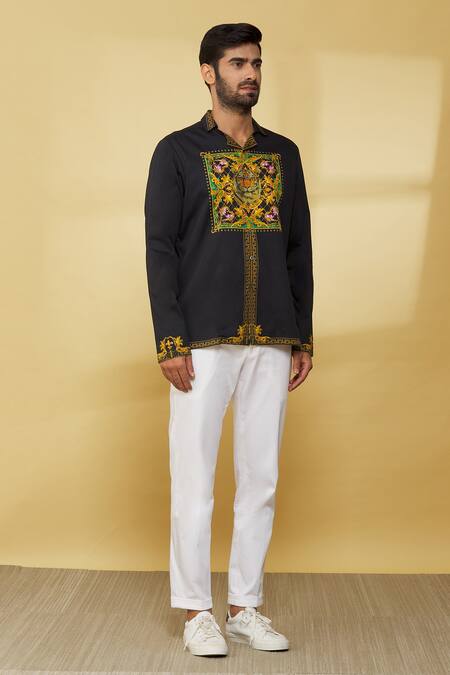 Buy_MR. Ajay Kumar_Black Cotton Embroidery Floral And Animal Patterned Shirt _Online_at_Aza_Fashions