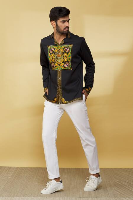 Shop_MR. Ajay Kumar_Black Cotton Embroidery Floral And Animal Patterned Shirt _Online_at_Aza_Fashions