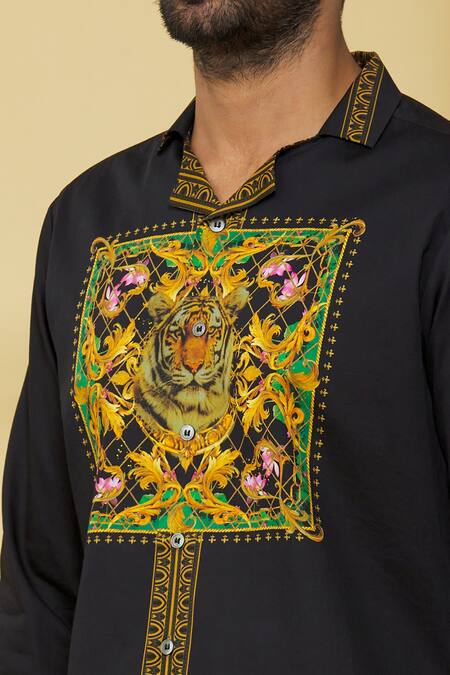 MR. Ajay Kumar_Black Cotton Embroidery Floral And Animal Patterned Shirt _at_Aza_Fashions