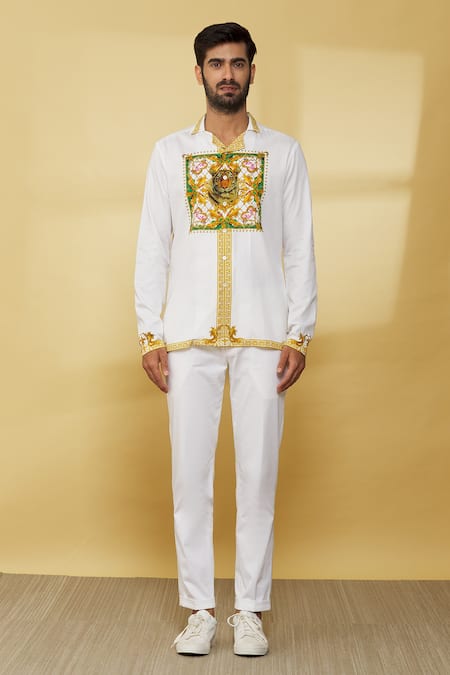 MR. Ajay Kumar_White Cotton Embroidery Floral And Animal Pattern Shirt _Online_at_Aza_Fashions