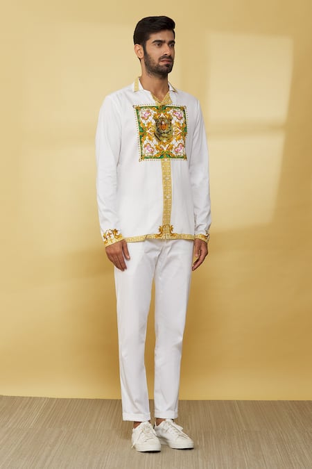 Buy_MR. Ajay Kumar_White Cotton Embroidery Floral And Animal Pattern Shirt _Online_at_Aza_Fashions
