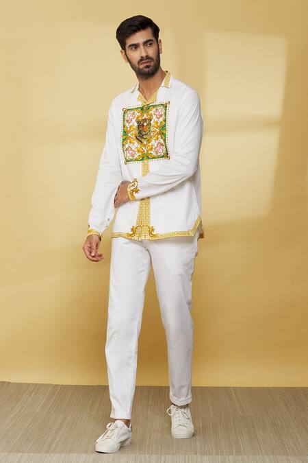 Shop_MR. Ajay Kumar_White Cotton Embroidery Floral And Animal Pattern Shirt _Online_at_Aza_Fashions