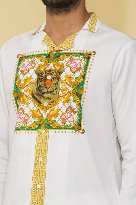 MR. Ajay Kumar_White Cotton Embroidery Floral And Animal Pattern Shirt _at_Aza_Fashions