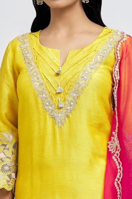 Surabhi Arya_Yellow Bamboo, Silk Tassels, Placed Floral Dori Embroidered Kurta Dhoti Pant Set _Online_at_Aza_Fashions