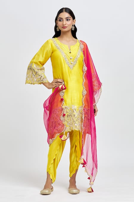 Shop_Surabhi Arya_Yellow Bamboo, Silk Tassels, Placed Floral Dori Embroidered Kurta Dhoti Pant Set _Online_at_Aza_Fashions