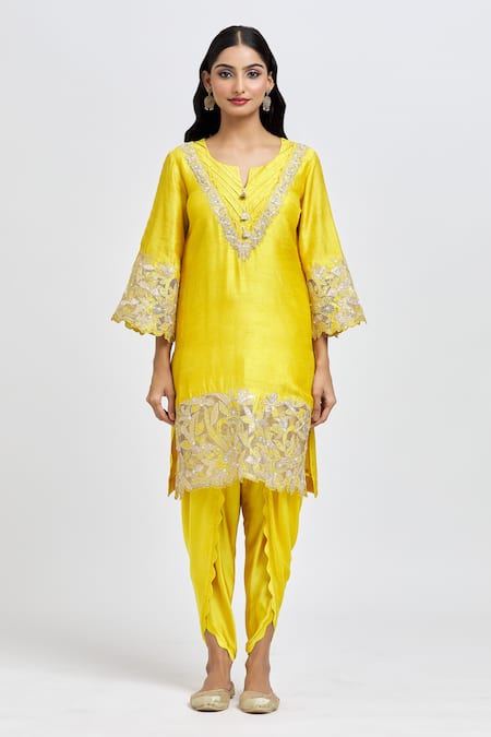 Surabhi Arya_Yellow Bamboo, Silk Tassels, Placed Floral Dori Embroidered Kurta Dhoti Pant Set _at_Aza_Fashions