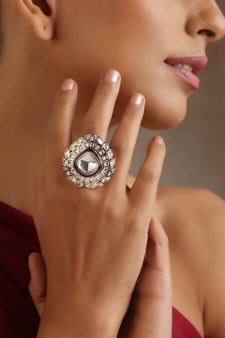 Buy_Swabhimann_Red Imitation Diamonds Moissanite Polki Embellished Ring _Online_at_Aza_Fashions