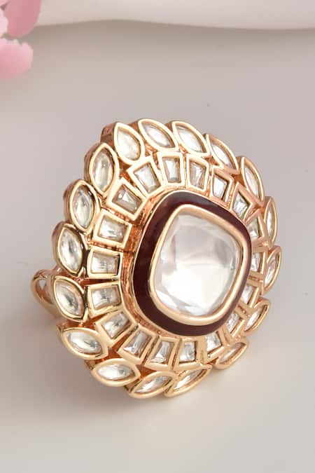 Shop_Swabhimann_Red Imitation Diamonds Moissanite Polki Embellished Ring _at_Aza_Fashions