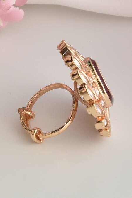 Shop_Swabhimann_Red Imitation Diamonds Moissanite Polki Embellished Ring _Online_at_Aza_Fashions